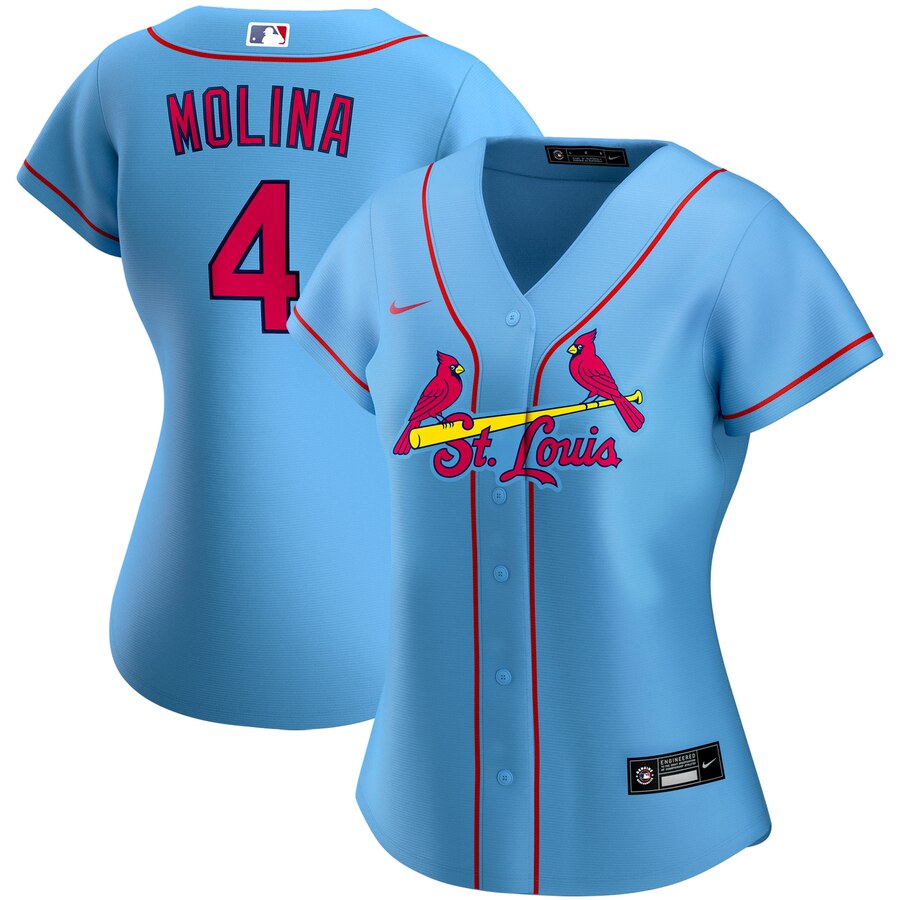 St. Louis Cardinals #4 Yadier Molina Nike Women's Alternate 2020 MLB Player Jersey Light Blue